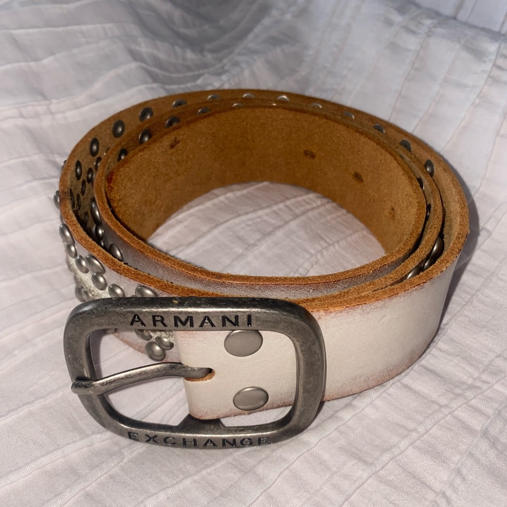 Armani Exchange Cream Leather Belt with Silver Buckle